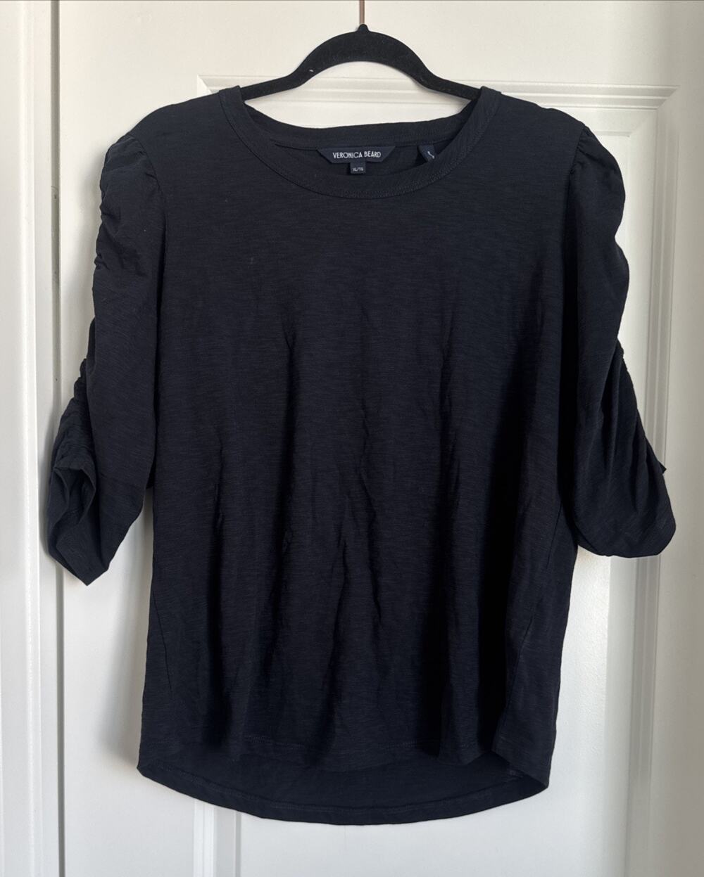 Veronica Beard Waldorf Ruched Sleeve T Shirt Size XL Black Closet Staple Capsule